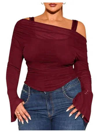 Plus Size Long Sleeve Off Shoulder T-Shirt, Burgundy (4X-Large Plus)