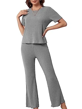 Short Sleeve Ribbed Sleep Set, Grey
