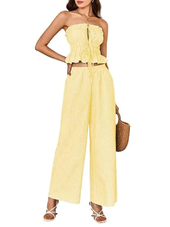 Wide Leg Striped Outfit Set, Yellow (Small)
