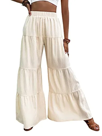 Wide Leg Ruffle Trousers, Beige