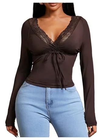 Long Sleeve Lace T-Shirt, Coffee