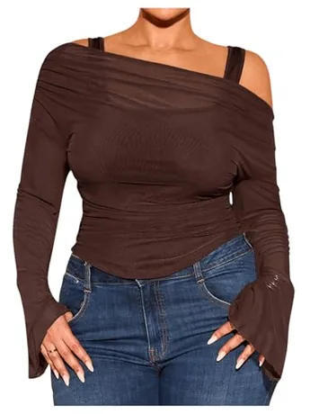 Plus Size Long Sleeve Off Shoulder T-Shirt, Coffee (5X-Large Plus)