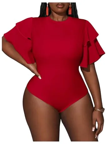 Plus Size Short Sleeve Ruffle Bodysuit, Red