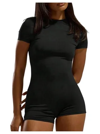 Short Sleeve Bodycon Jumpsuit, Black (Large)