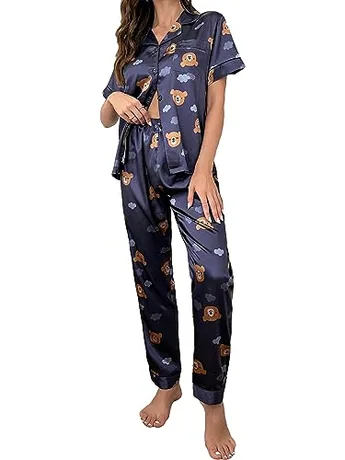 Short Sleeve Satin Sleep Set, Navy