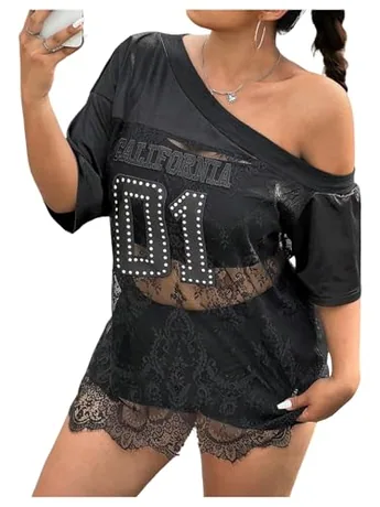 Plus Size Short Sleeve Lace T-Shirt, Black