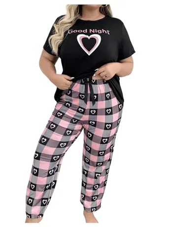 Plus Size Short Sleeve Sleep Set, Black