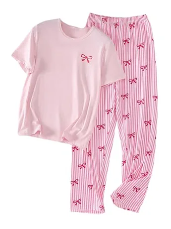 Short Sleeve Striped Sleep Set, Pink