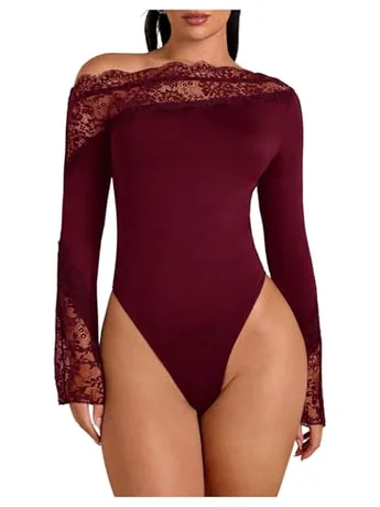 Long Sleeve Lace Bodysuit, Burgundy (Medium)