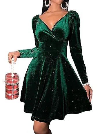 Long Sleeve Velvet Dress, Dark Green (Medium)