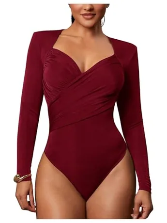Long Sleeve Ruched Bodysuit, Burgundy (Small)