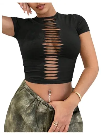 Short Sleeve Cutout Crop Top, Black