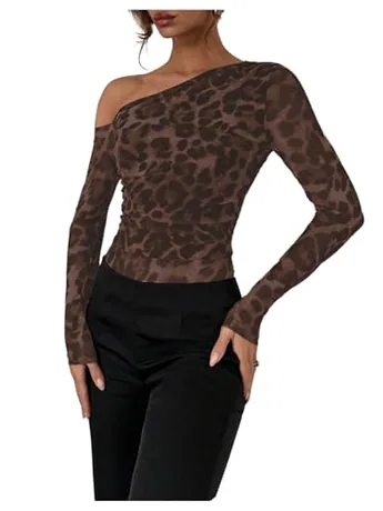 Long Sleeve Leopard Bodysuit, Coffee (Medium)
