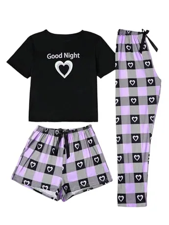 Short Sleeve Plaid Sleep Set, Purple (Small)