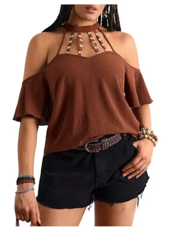 Plus Size Short Sleeve Cutout Blouse, Coffee