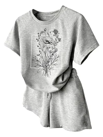 Short Sleeve Floral Outfit Set, Grey