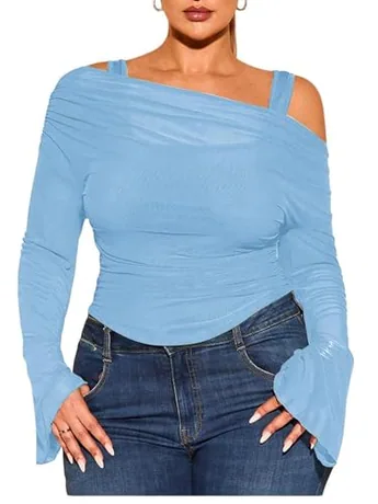 Plus Size Long Sleeve Off Shoulder T-Shirt, Blue