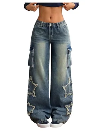Wide Leg Denim Jeans, Blue (Small)