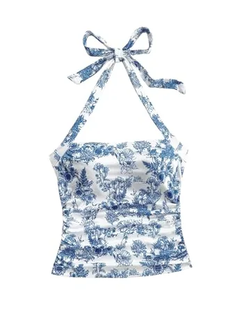 Sleeveless Floral Crop Top, Blue
