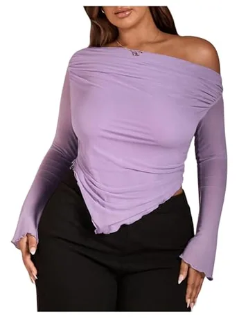 Plus Size Long Sleeve Mesh T-Shirt, Lilac