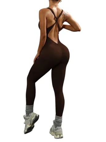 Sleeveless Backless Jumpsuit, Coffee (Small)