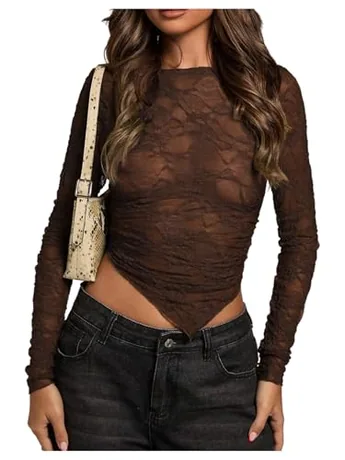 Long Sleeve Lace Crop Top, Coffee