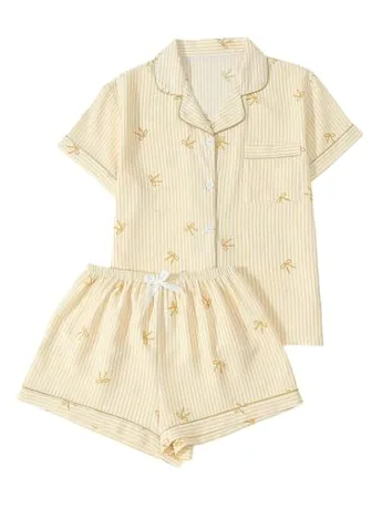 Short Sleeve Striped Sleep Set, Yellow (Medium)