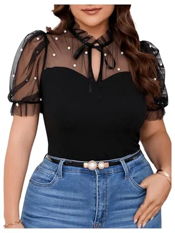 Plus Size Short Sleeve Mesh Blouse, Black