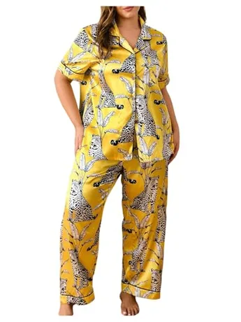 Plus Size Short Sleeve Satin Sleep Set, Yellow