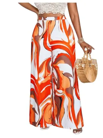 Plus Size High Waisted Graphic Trousers, Orange