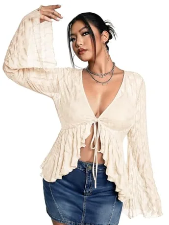 Plus Size Long Sleeve Mesh T-Shirt, Beige