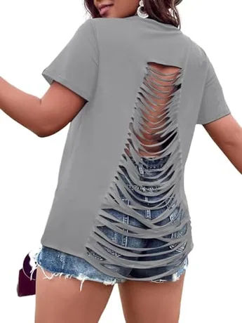 Plus Size Short Sleeve Backless T-Shirt, Grey