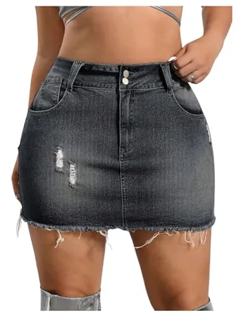 Plus Size Mini Denim Skirt, Grey