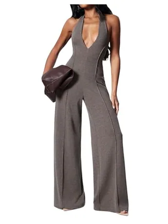 Wide Leg Backless Jumpsuit, Brown