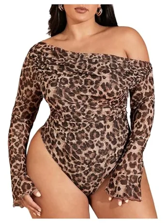 Plus Size Long Sleeve Ruched Bodysuit, Brown