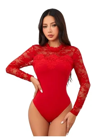 Long Sleeve Lace Bodysuit, Red