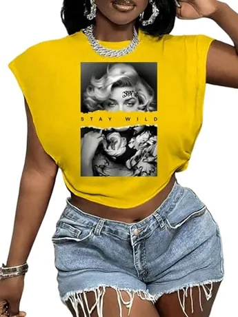 Graphic Crop Top, Yellow (X-Large)