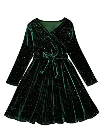Long Sleeve Velvet Dress, Dark Green (12 Years)
