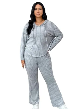 Plus Size Long Sleeve Knit Outfit Set, Grey