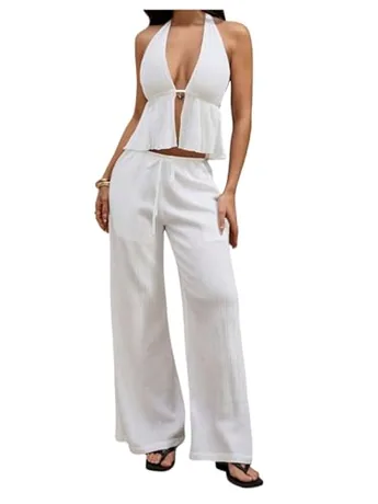Petite Wide Leg Halter Outfit Set, White (Petite XS)