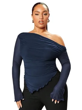 Plus Size Long Sleeve Mesh T-Shirt, Blue