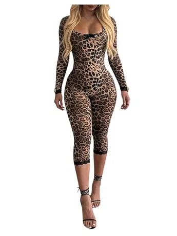 Long Sleeve Lace Jumpsuit, Brown (Large)
