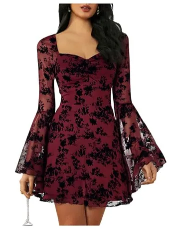 Long Sleeve Floral Dress, Burgundy (Small)