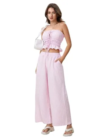 Wide Leg Striped Outfit Set, Pink (strapless)