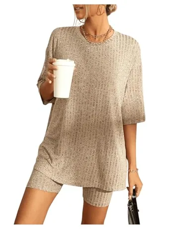Short Sleeve Ribbed Outfit Set, Khaki