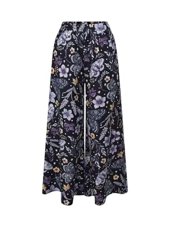 Plus Size Wide Leg Floral Trousers, Purple