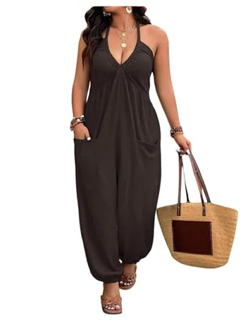 Plus Size Sleeveless Backless Jumpsuit, Coffee