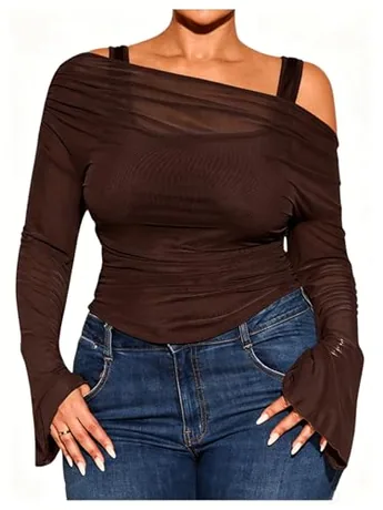 Plus Size Long Sleeve Off Shoulder T-Shirt, Coffee (XX-Large Plus)