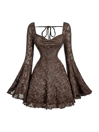 Long Sleeve Floral Dress, Coffee (Medium)