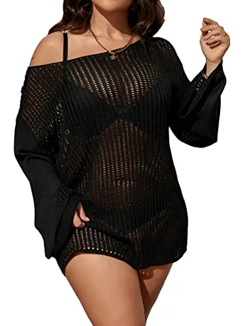 Plus Size Long Sleeve Mesh Swimsuit, Black